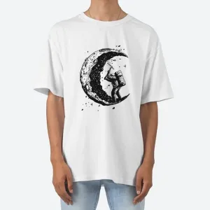 100% Cotton Digging the Moon Print Funny O-neck T-Shirt for Men