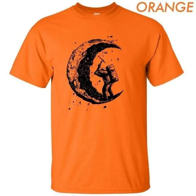 100% Cotton Digging the Moon Print Funny O-neck T-Shirt for Men