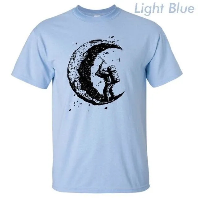 100% Cotton Digging the Moon Print Funny O-neck T-Shirt for Men