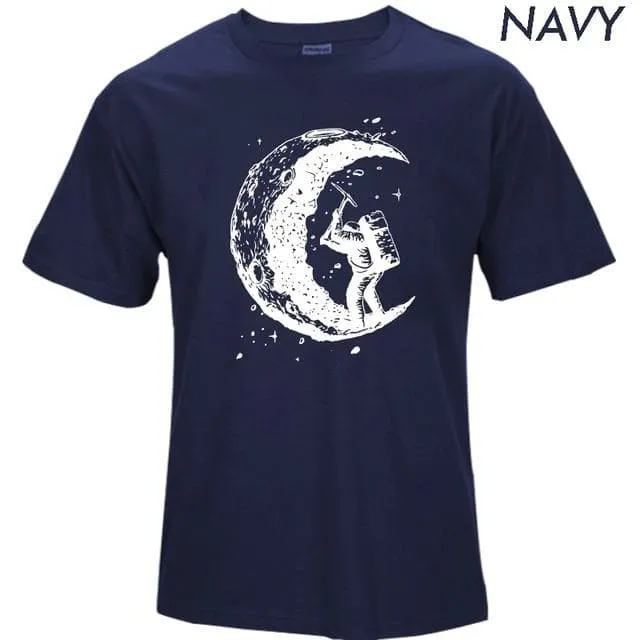 100% Cotton Digging the Moon Print Funny O-neck T-Shirt for Men