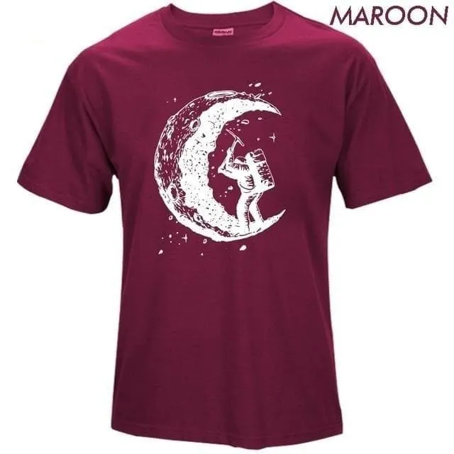 100% Cotton Digging the Moon Print Funny O-neck T-Shirt for Men