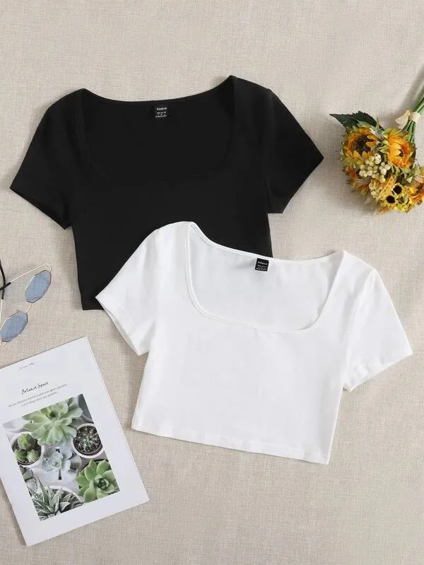 2PCS SCOOP NECK SOLID TEE