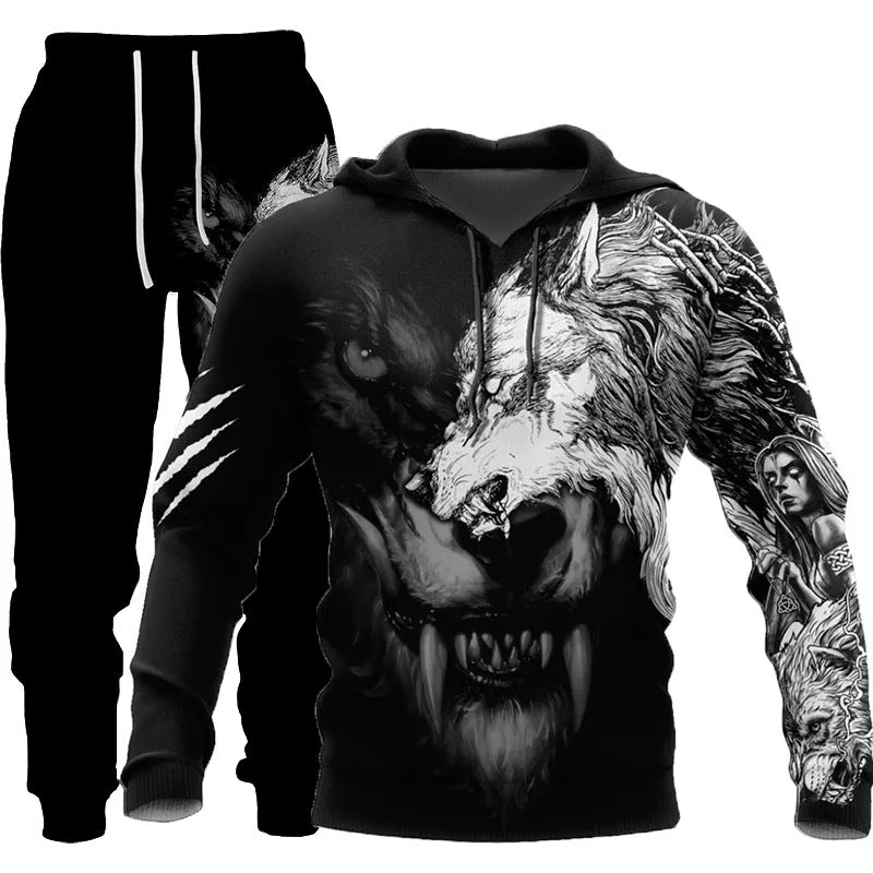 3D Wolf Print Tracksuit Men Sportswear Hooded Sweatsuit Two Piece Outdoors Running Fitness Men Jogging Set