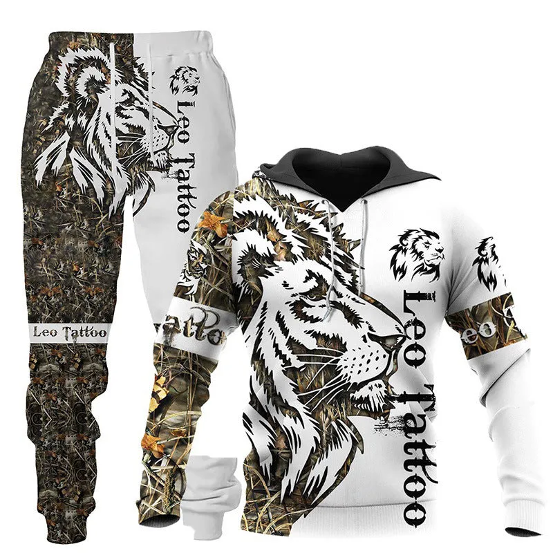 3D Wolf Print Tracksuit Men Sportswear Hooded Sweatsuit Two Piece Outdoors Running Fitness Men Jogging Set