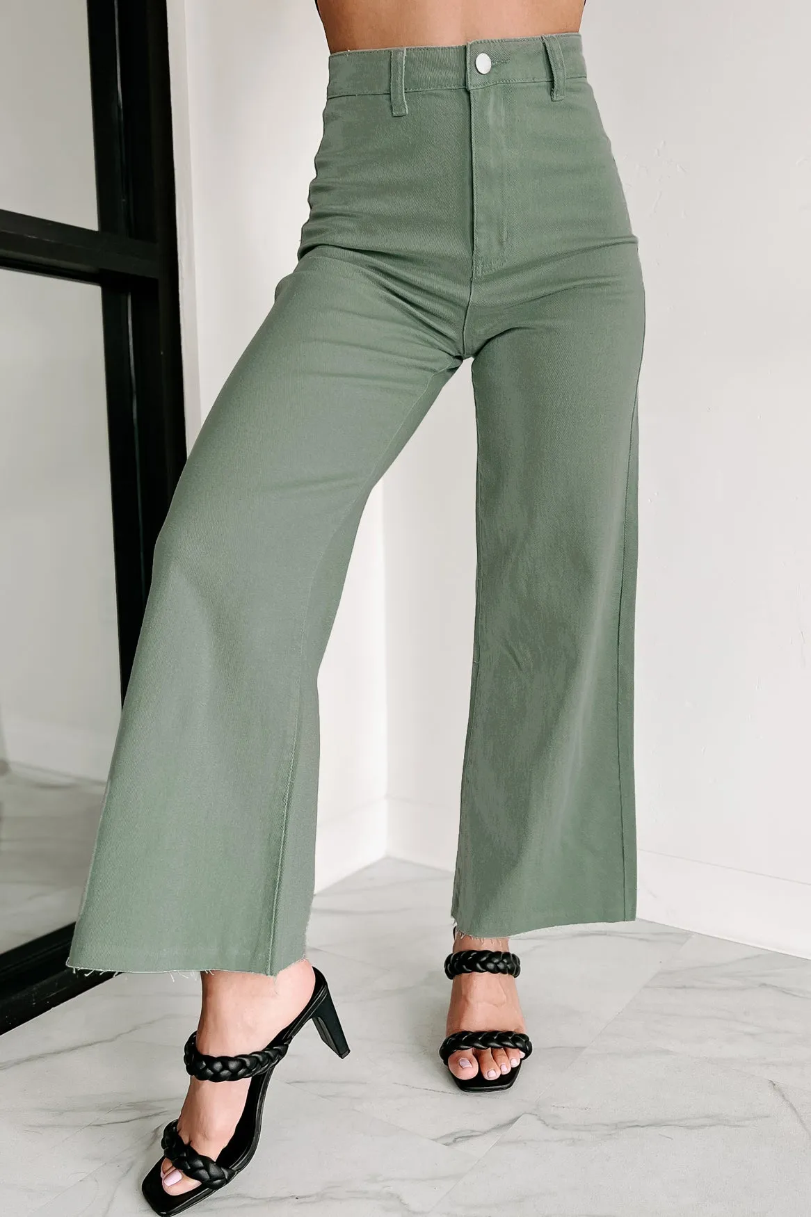 According To Plan High Rise Wide Leg Crop Jeans (Dark Sage)