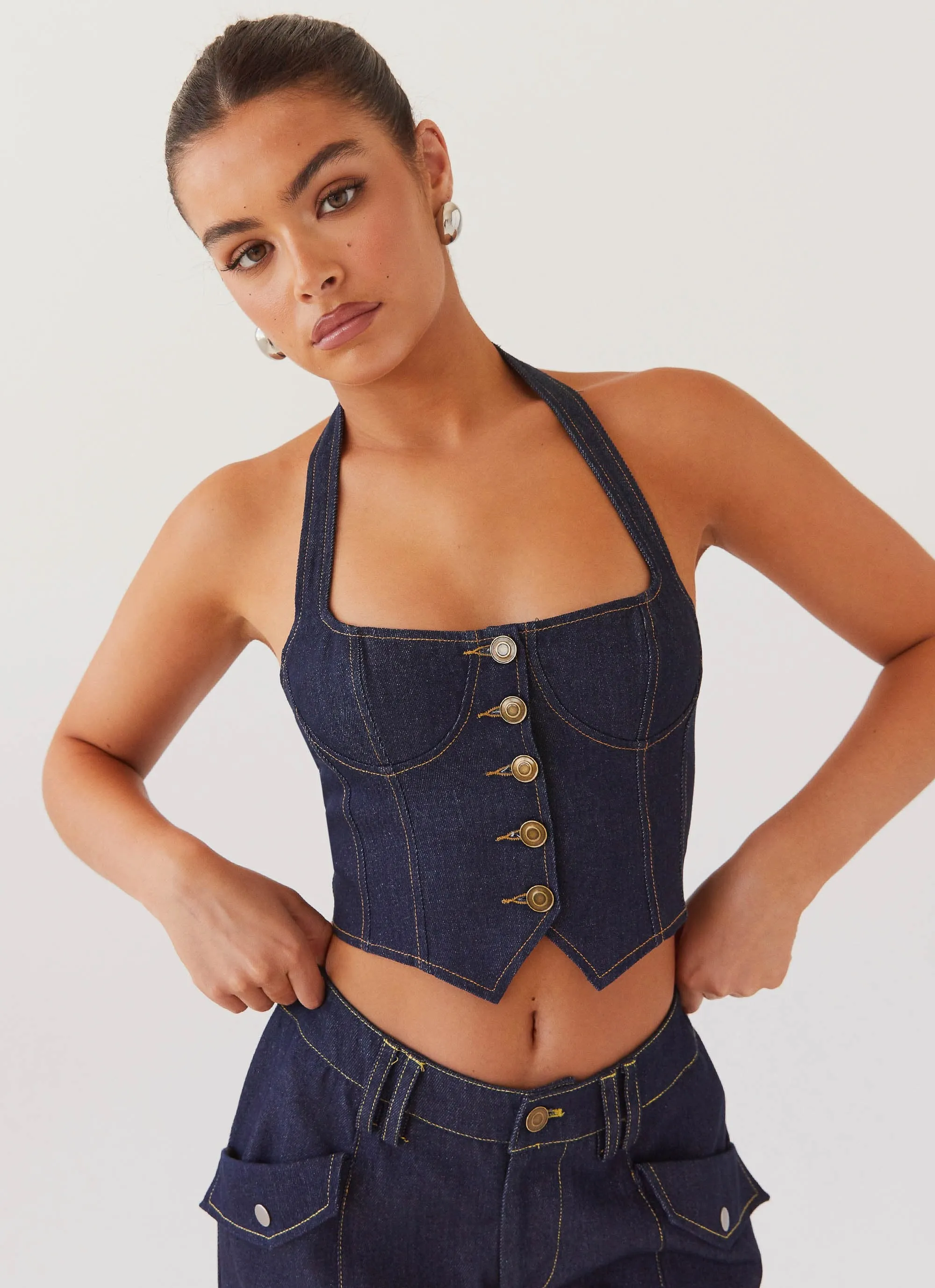 Indigo Avari Denim Halterneck Vest - Stylish and Chic