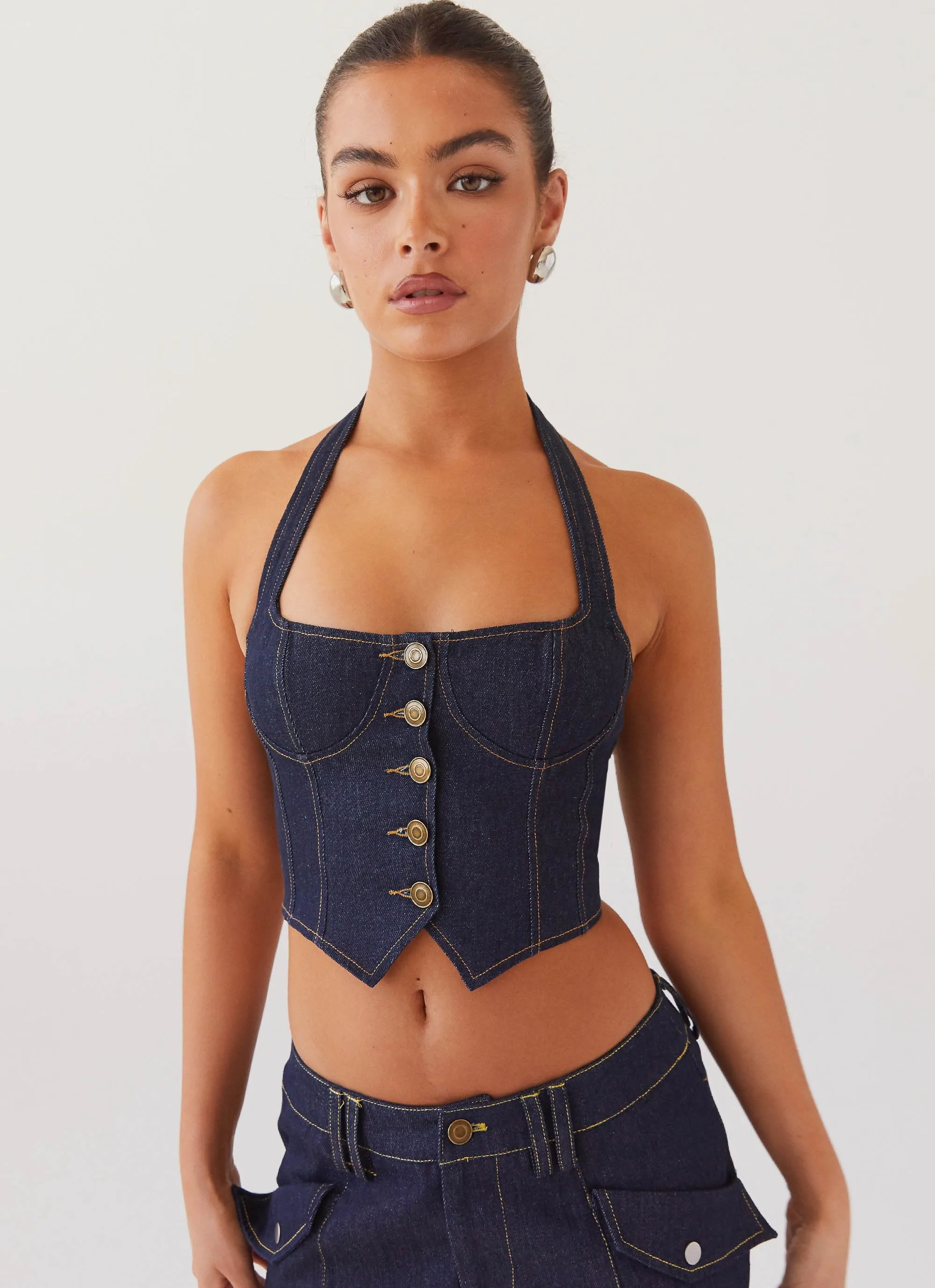 Indigo Avari Denim Halterneck Vest - Stylish and Chic