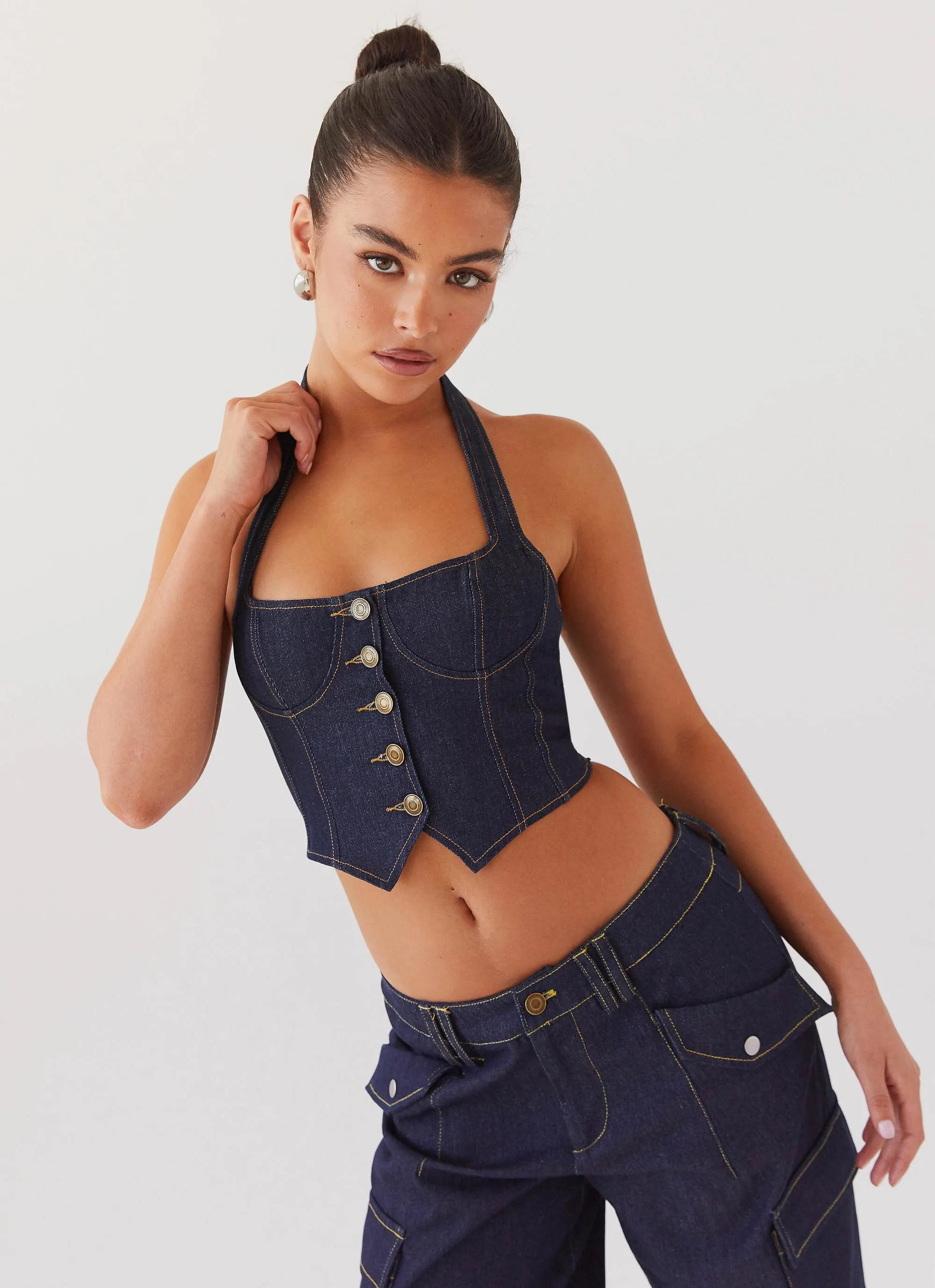 Indigo Avari Denim Halterneck Vest - Stylish and Chic