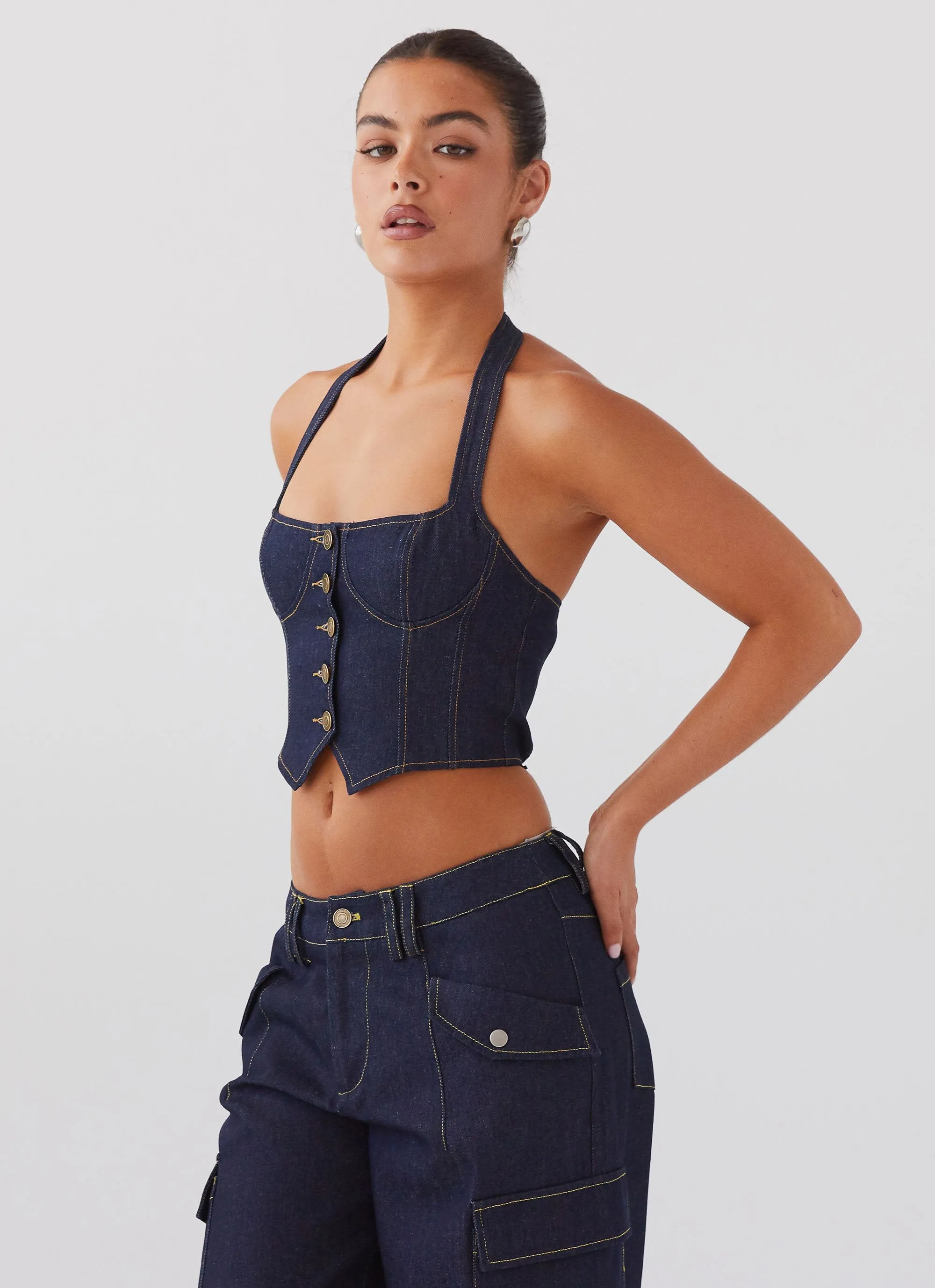 Indigo Avari Denim Halterneck Vest - Stylish and Chic