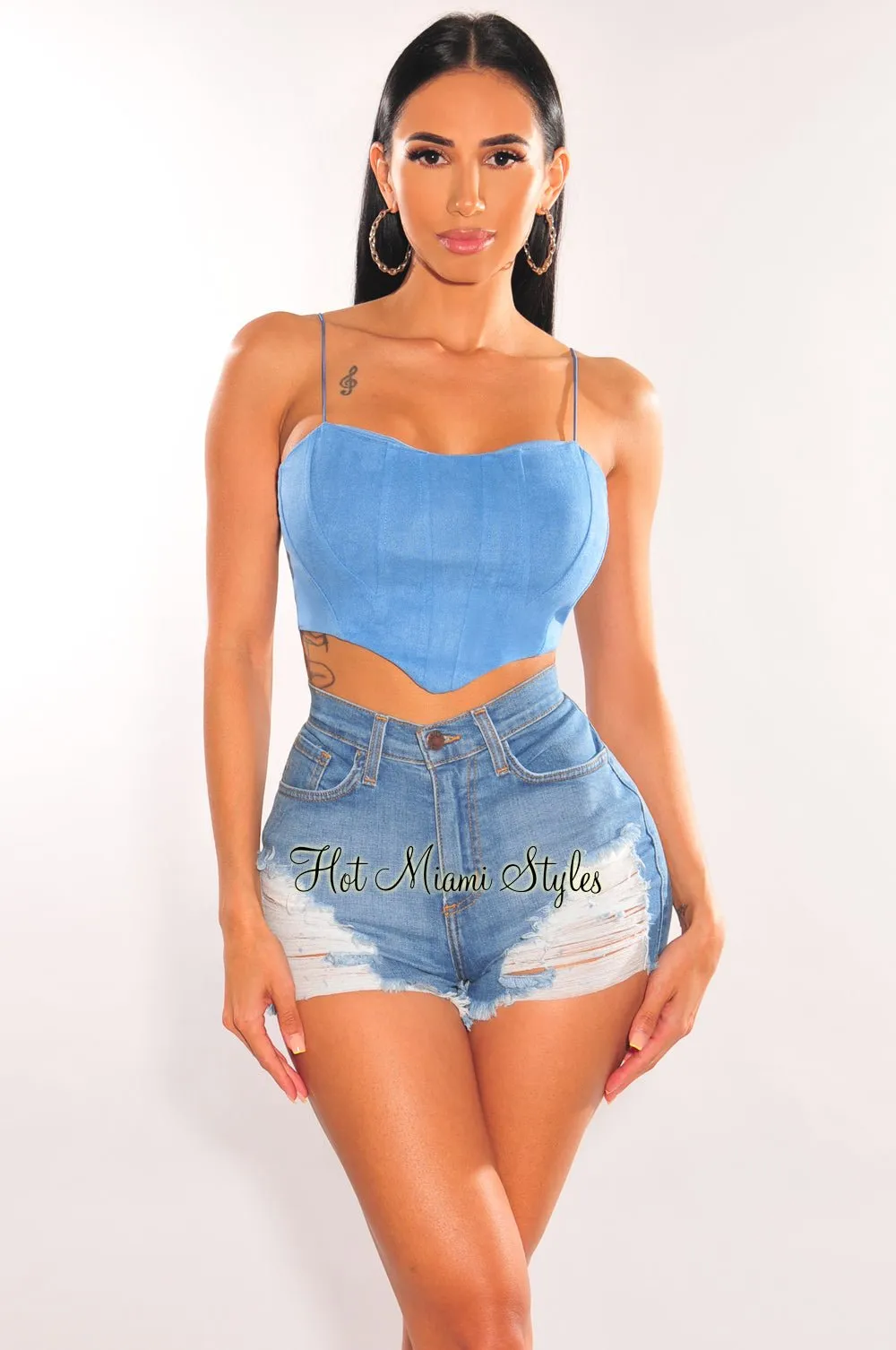 Baby Blue Elastic Straps Bustier Curved Hem Crop Top