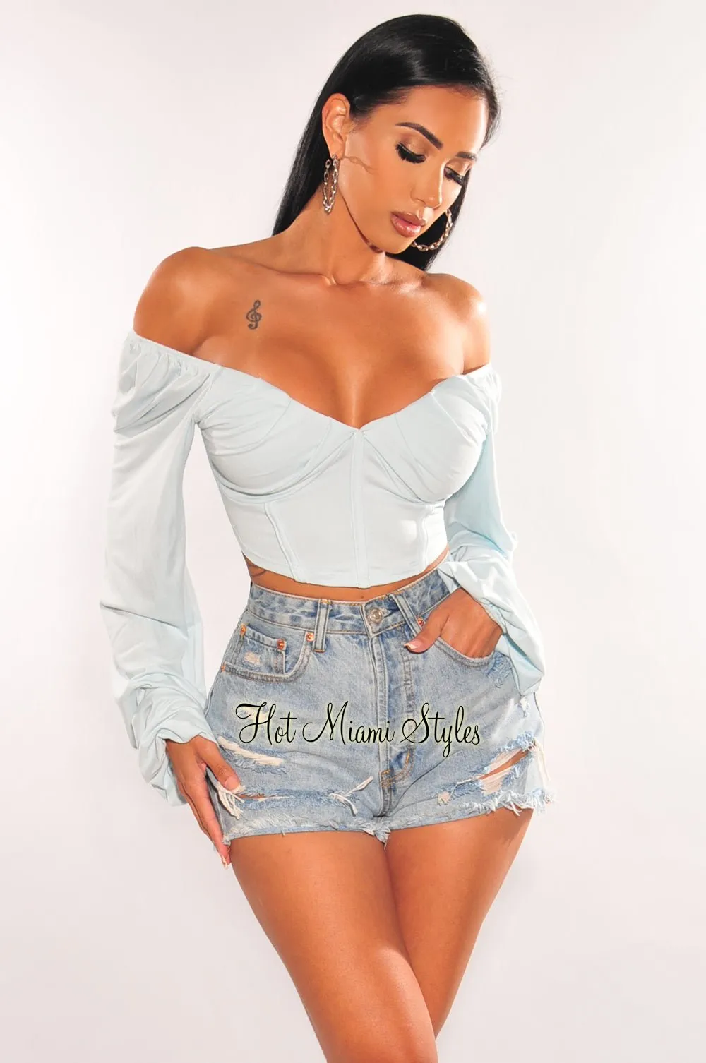 Baby Blue Long Sleeve Lace Up Back Bustier Crop Top