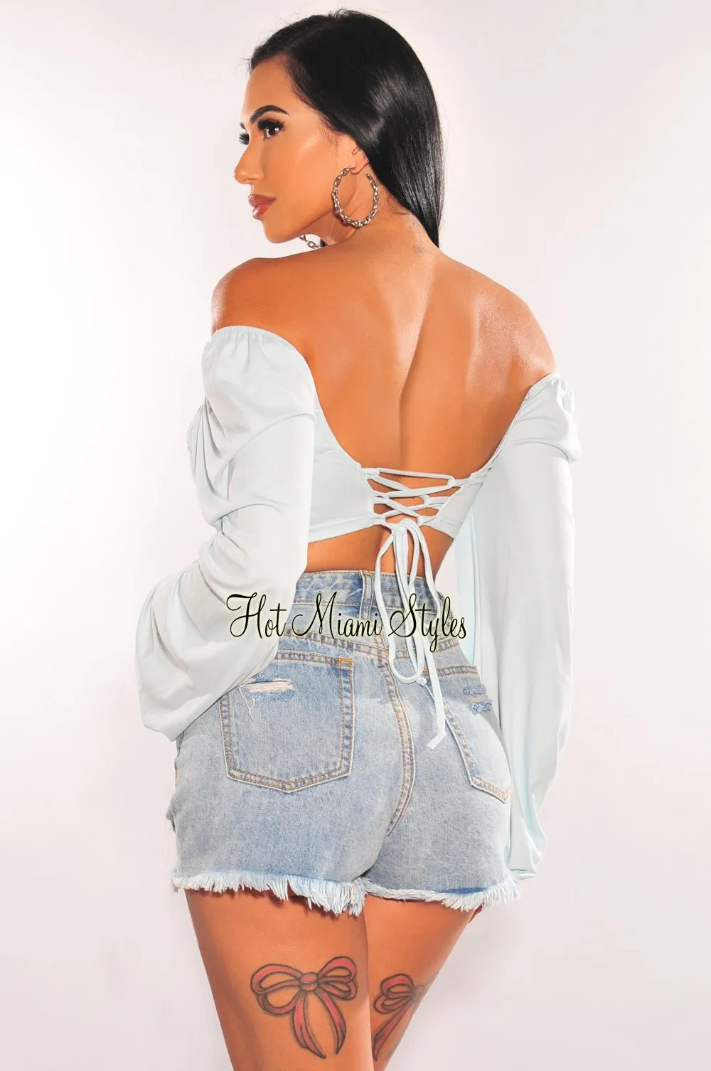 Baby Blue Long Sleeve Lace Up Back Bustier Crop Top