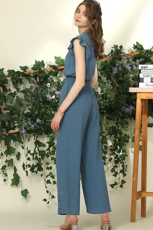 BANDED SMOCKING LONG PANTS WITH BUTTON DETAILED