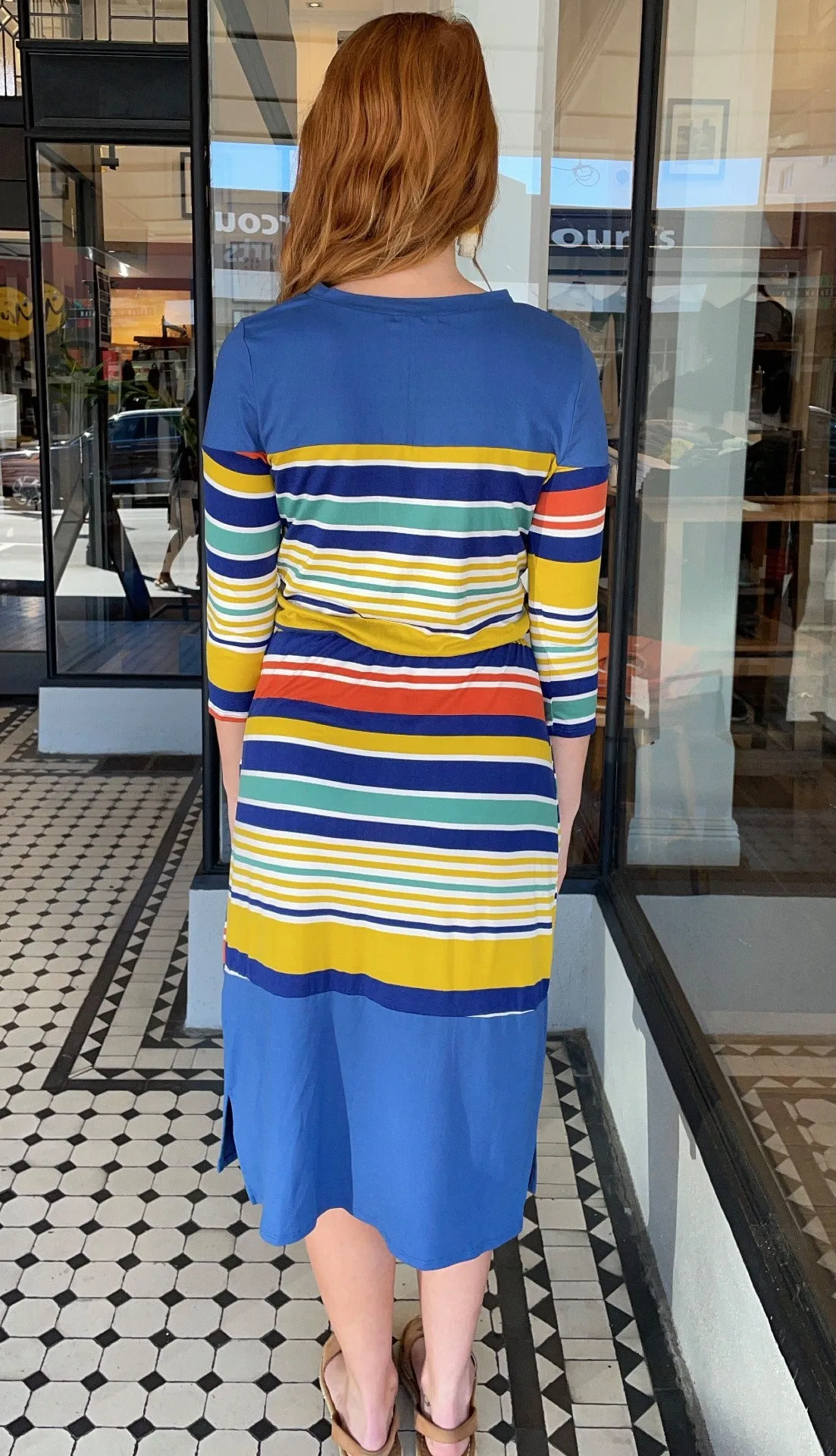 Becky 3/4 Sleeve Midi Dress Mustard Stripe