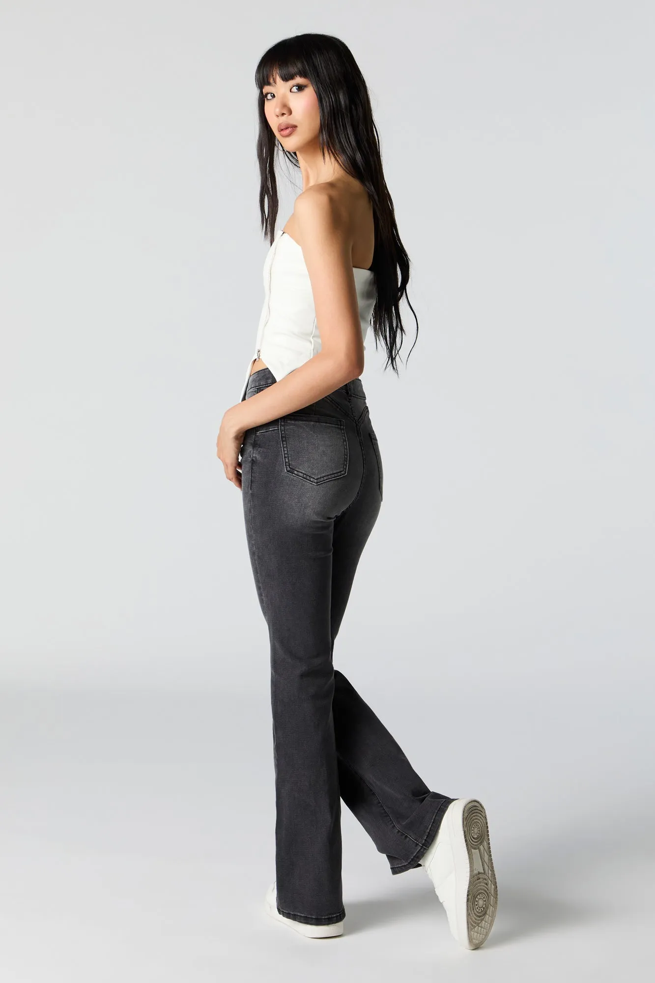 Black Wash Mid Rise Flare Jean