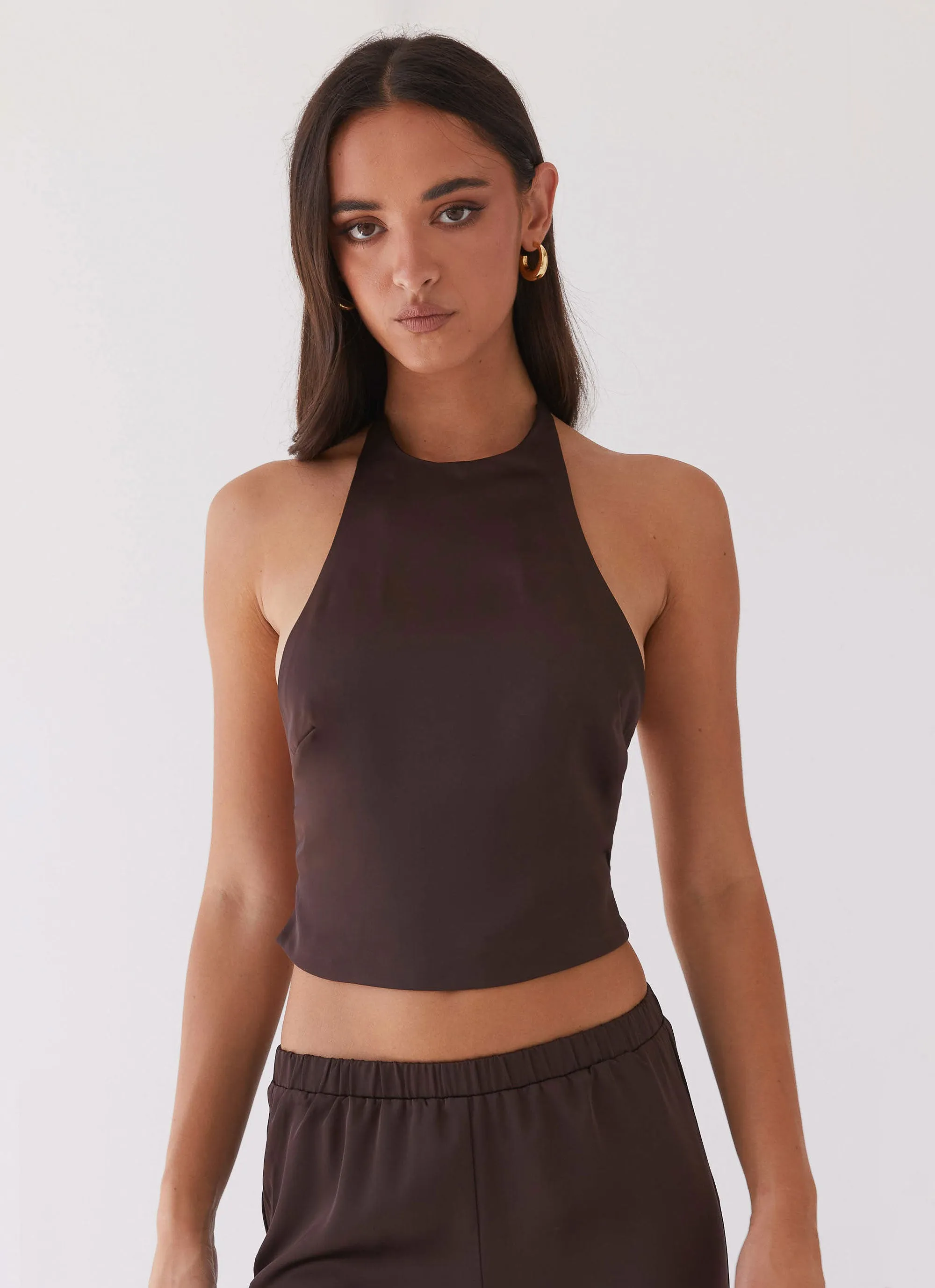 Bree Satin Halterneck Top - Brown