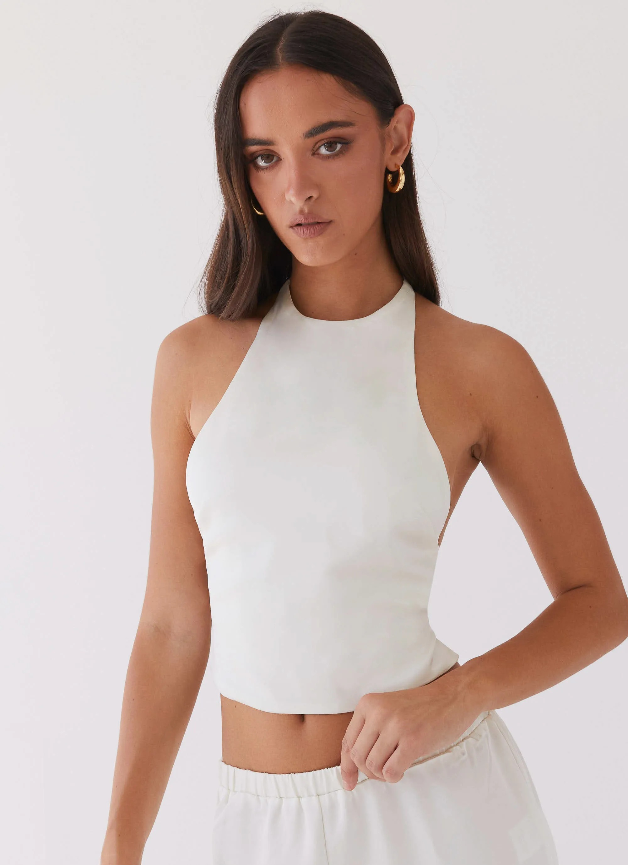 Bree Satin Halterneck Top - Pearl