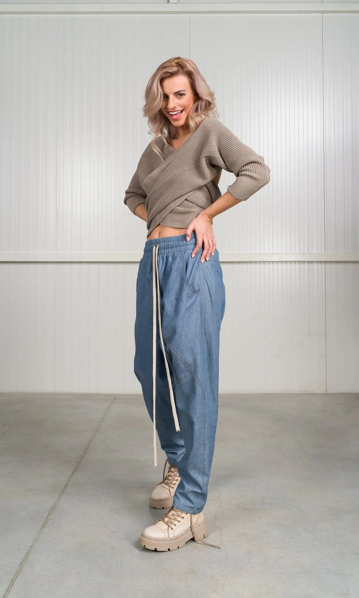 Chambray Pants with Seam Details