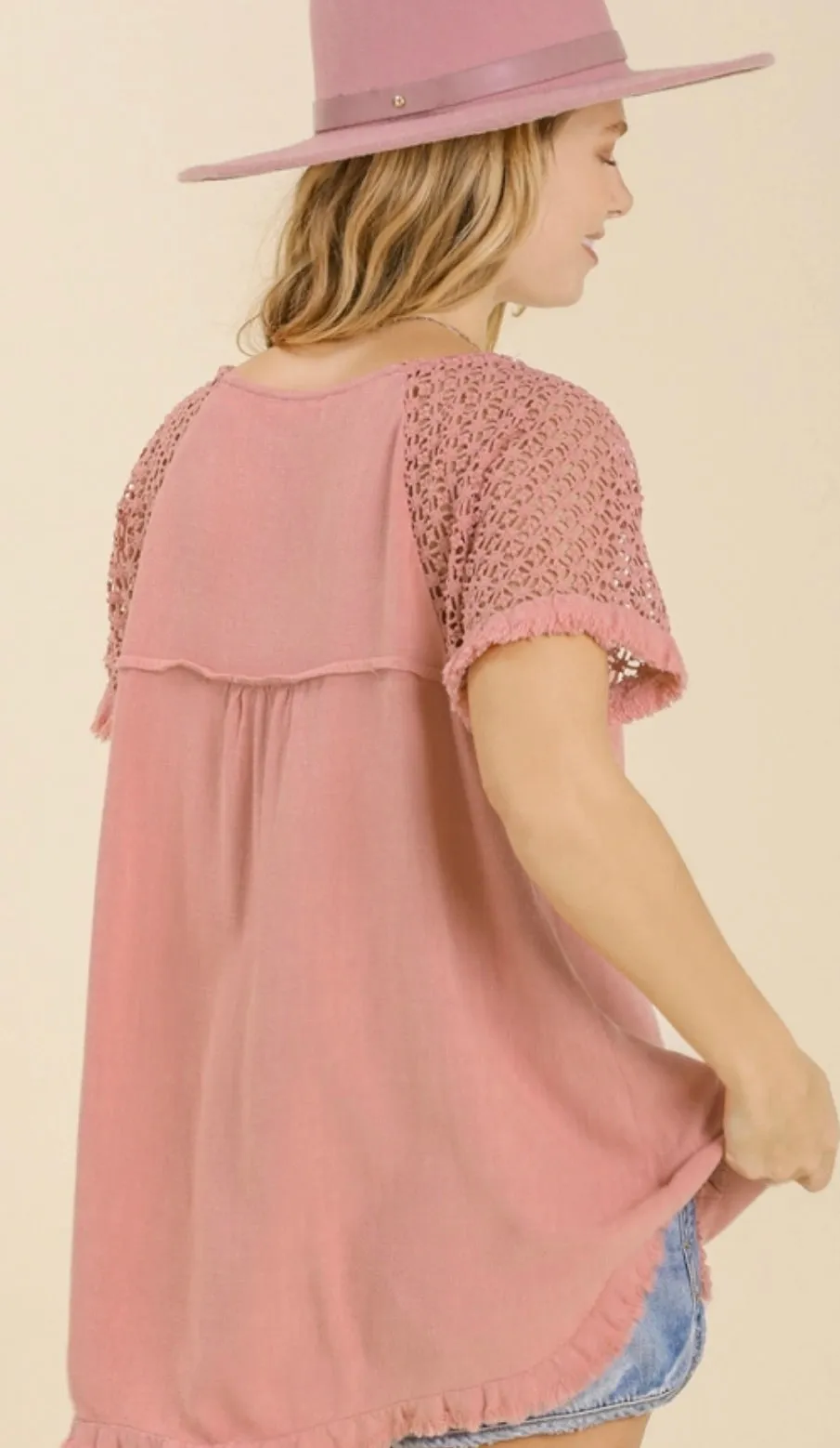 Clara Crochet Sleeve Top Rose Pink