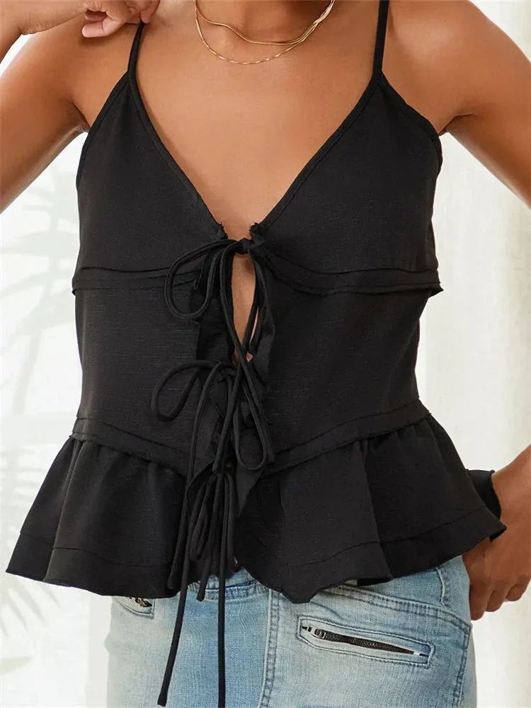 Color Sleeveless Deep V Neck Front Split Tie-Up Ruffles Hem Cami Top