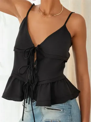 Color Sleeveless Deep V Neck Front Split Tie-Up Ruffles Hem Cami Top