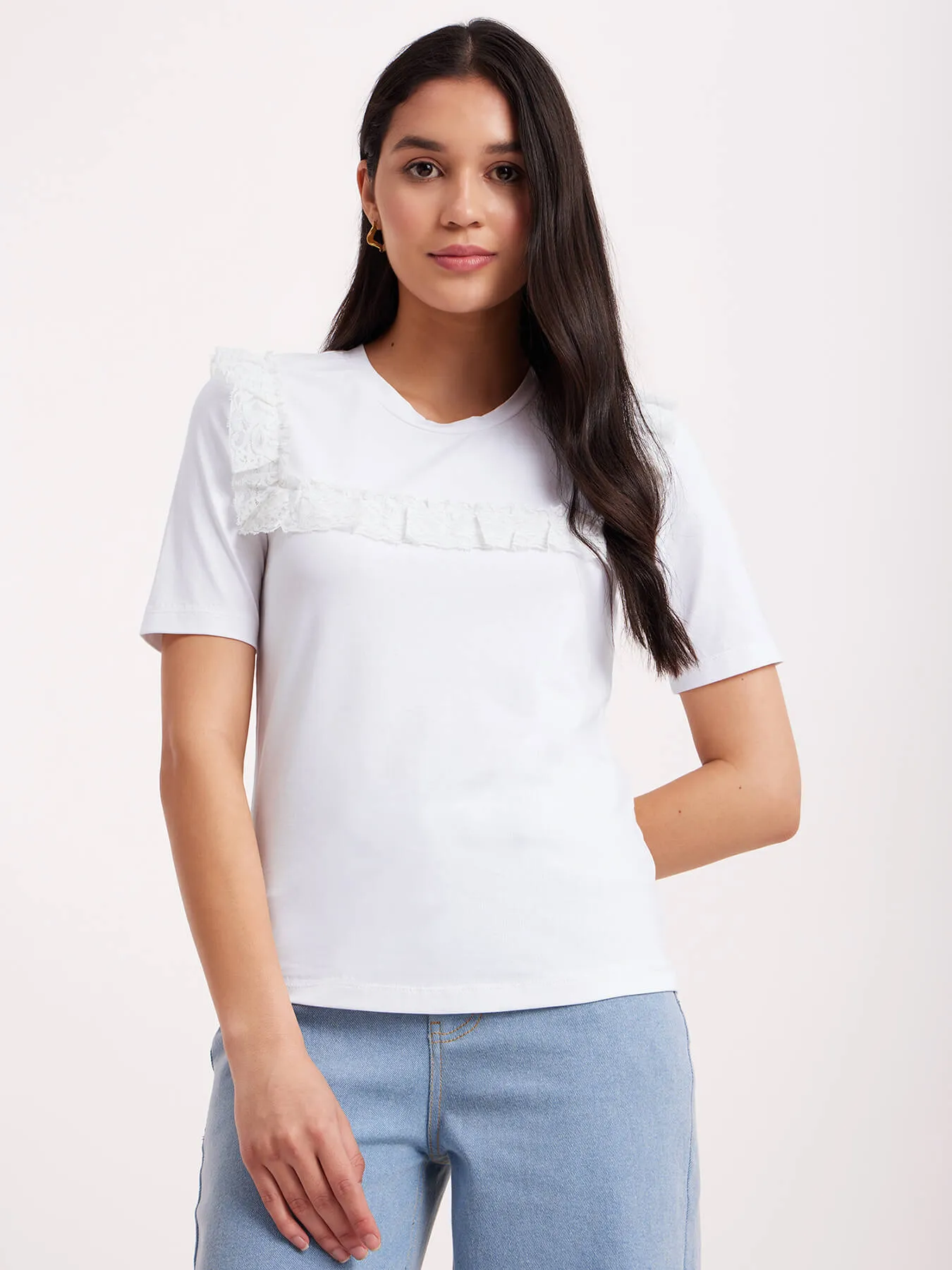 Crew Neck Lace Top - White