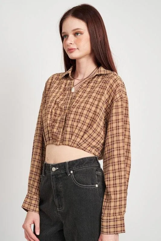 Cropped Button Up Shirt With Elastic Waistband