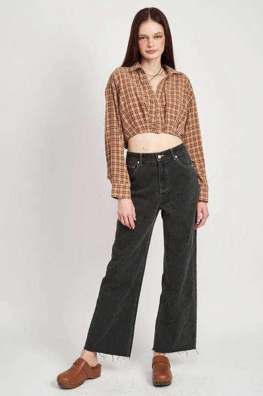 Cropped Button Up Shirt With Elastic Waistband