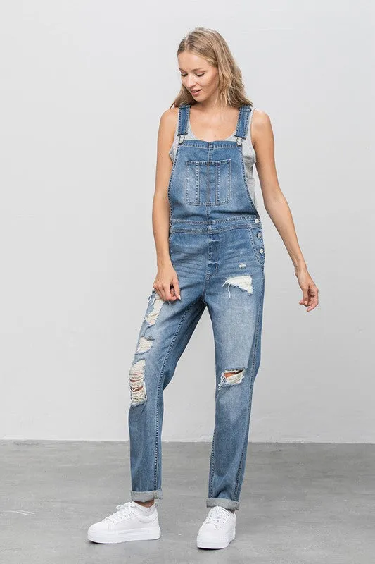 Denim Distressed Overalls