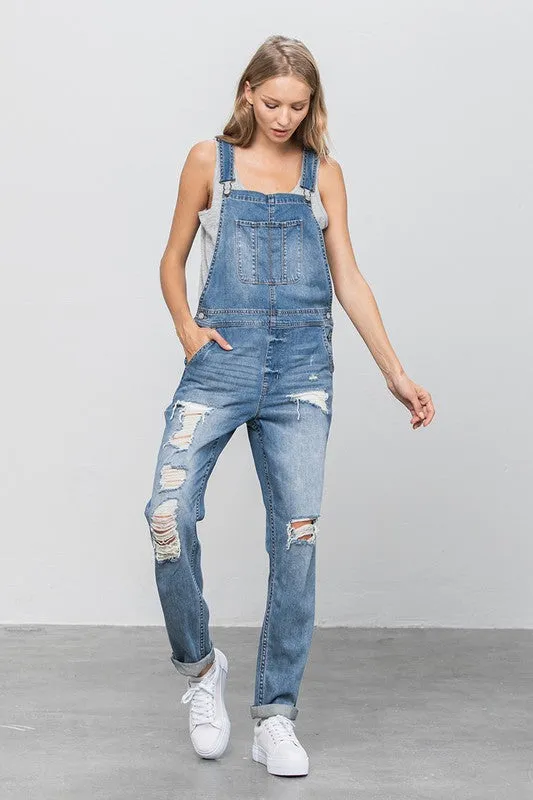 Denim Distressed Overalls