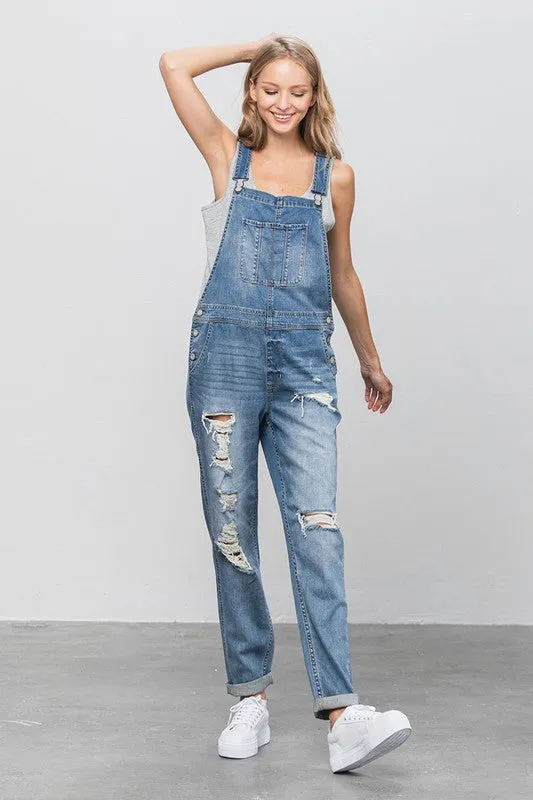 Denim Distressed Overalls