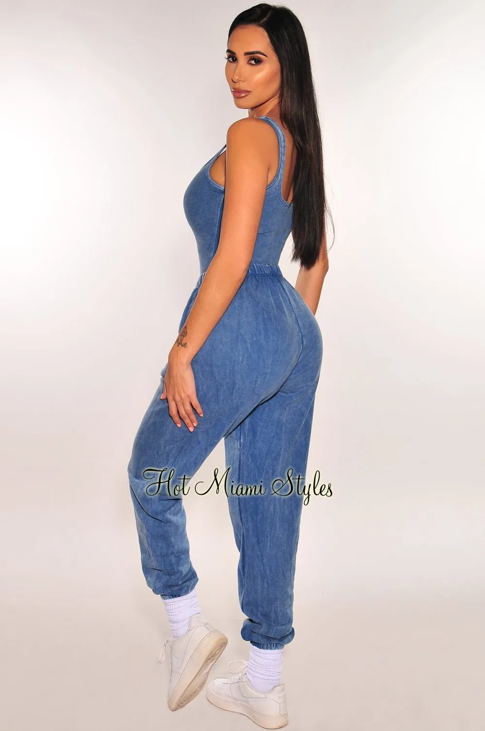 Denim Vintage Wash Bodysuit Jogger Pants Two Piece Set