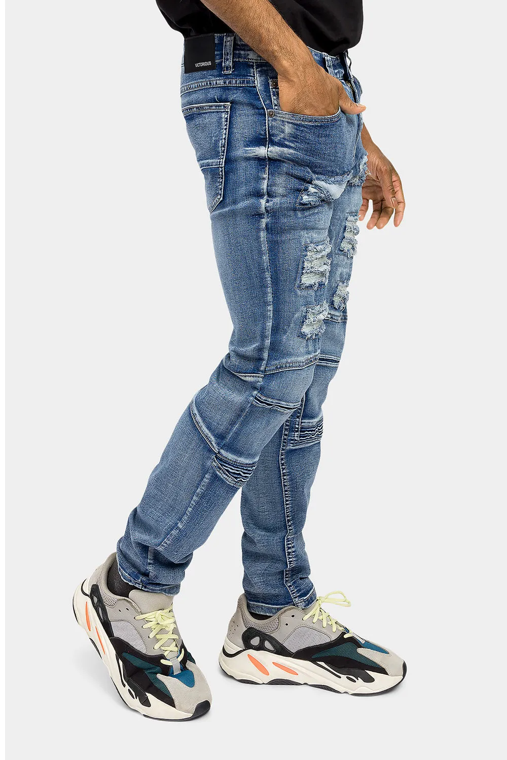 Distressed Moto Biker Denim Jeans