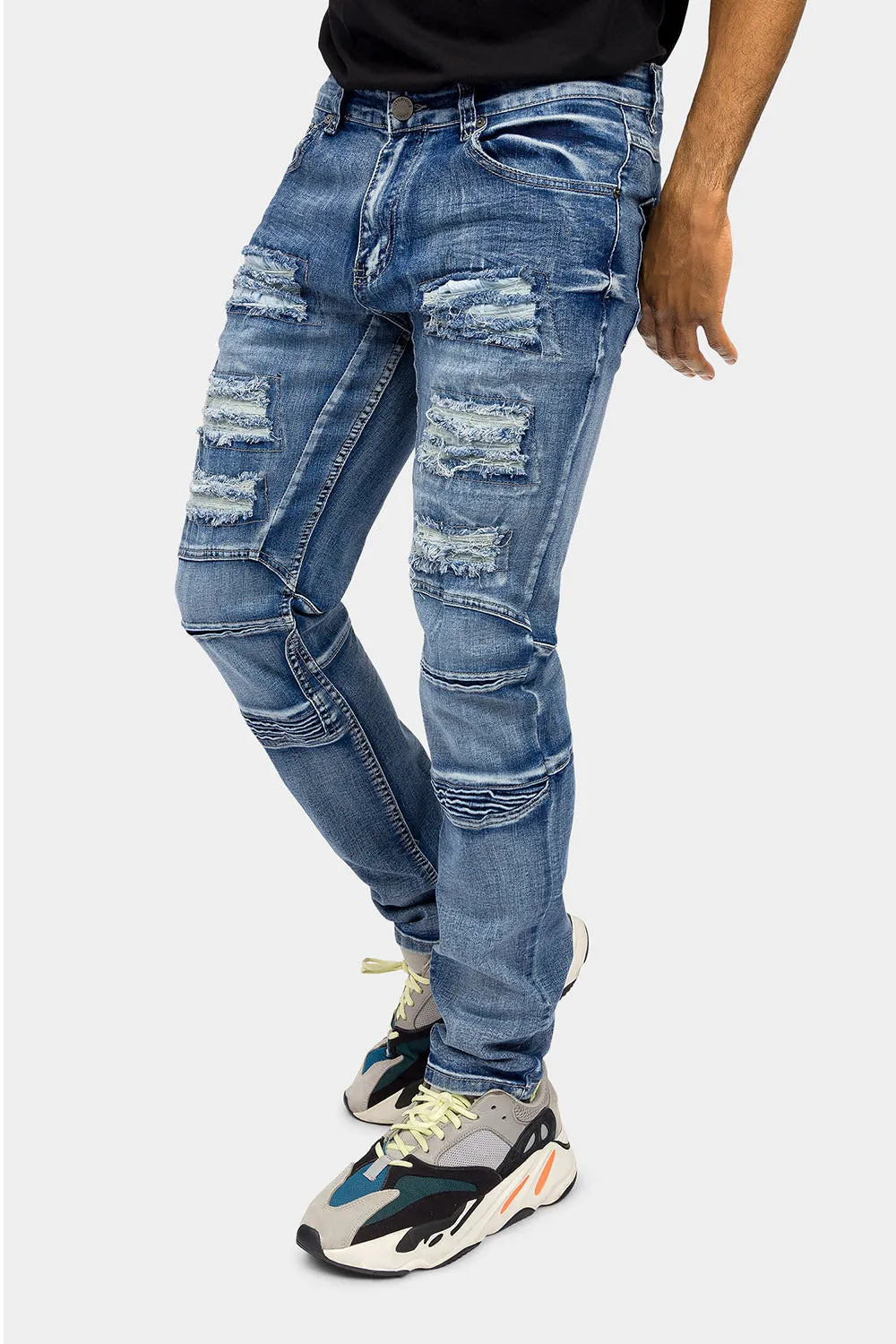 Distressed Moto Biker Denim Jeans