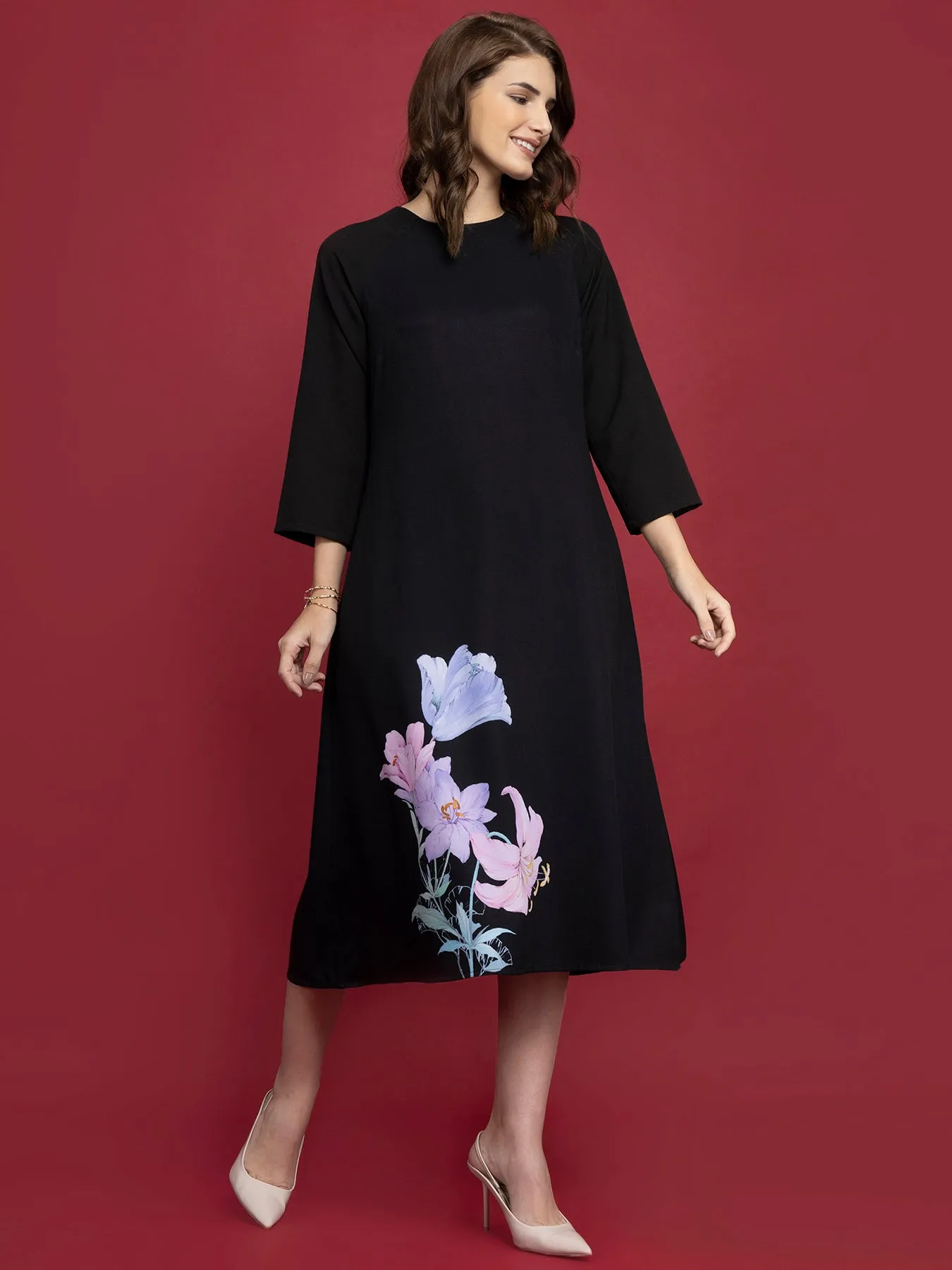 Floral Print A-Line Dress - Black