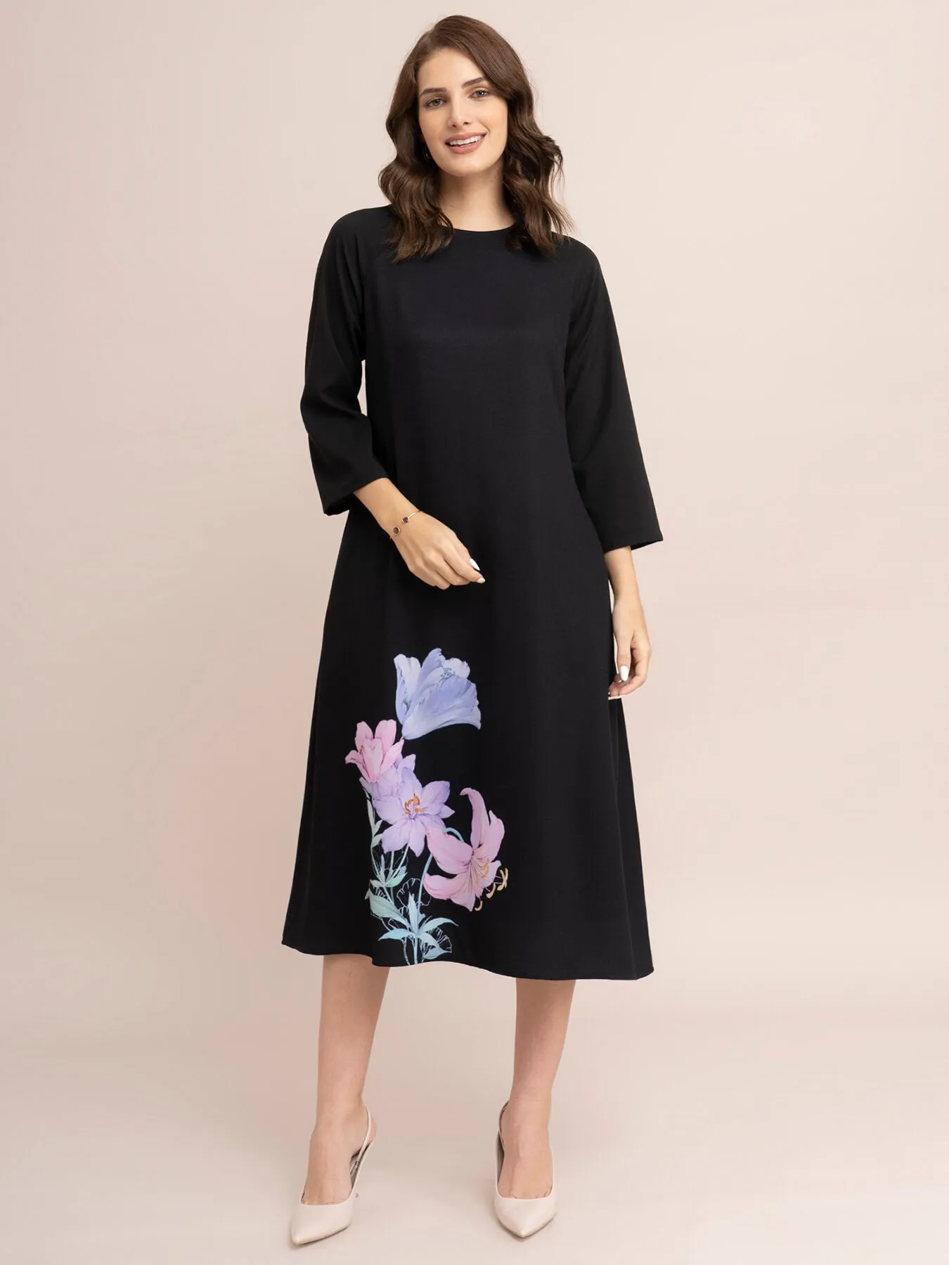 Floral Print A-Line Dress - Black