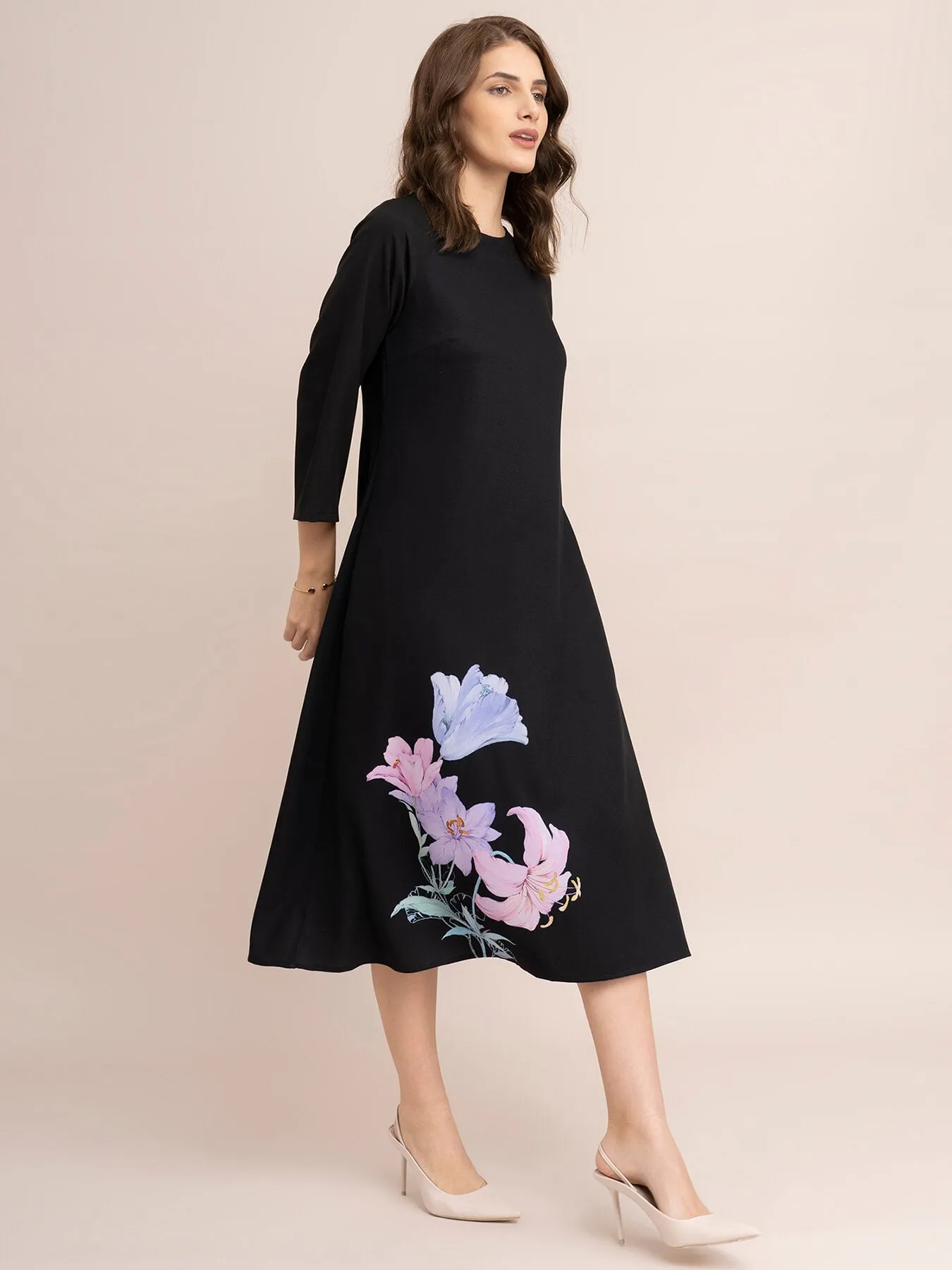 Floral Print A-Line Dress - Black