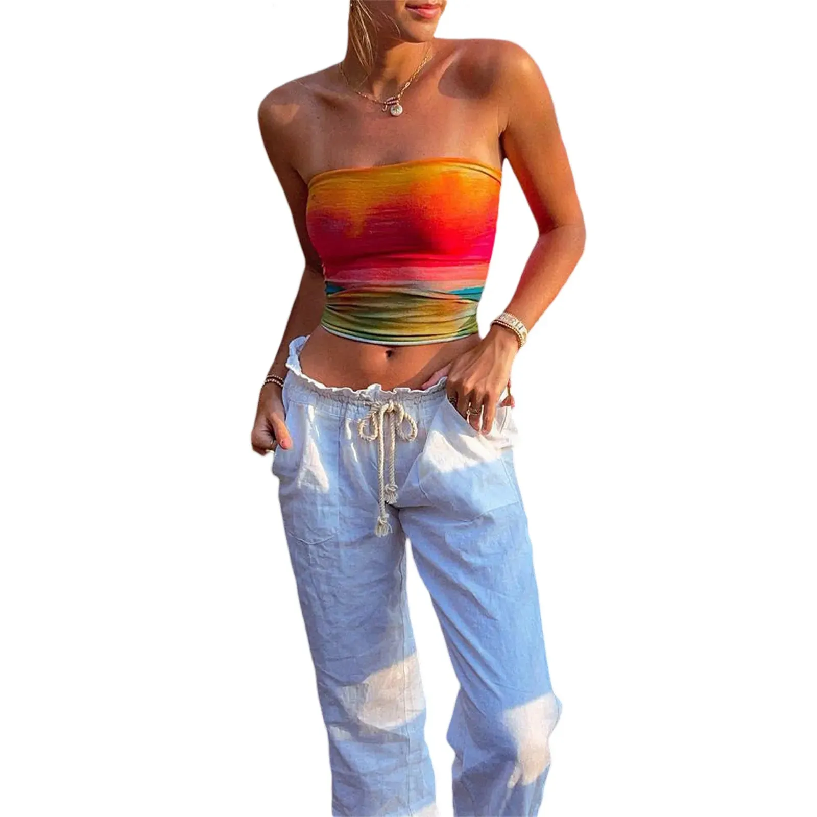 Getadme Combhasaki Women American Retro Y2K Hotsweet Wrap Chest Tube Tops Tie-dye Strapless Tank Tops Summer Backless Bandeau Crop Tops