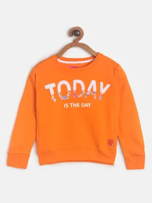 Girls Orange Printed Cotton Sweatshirt