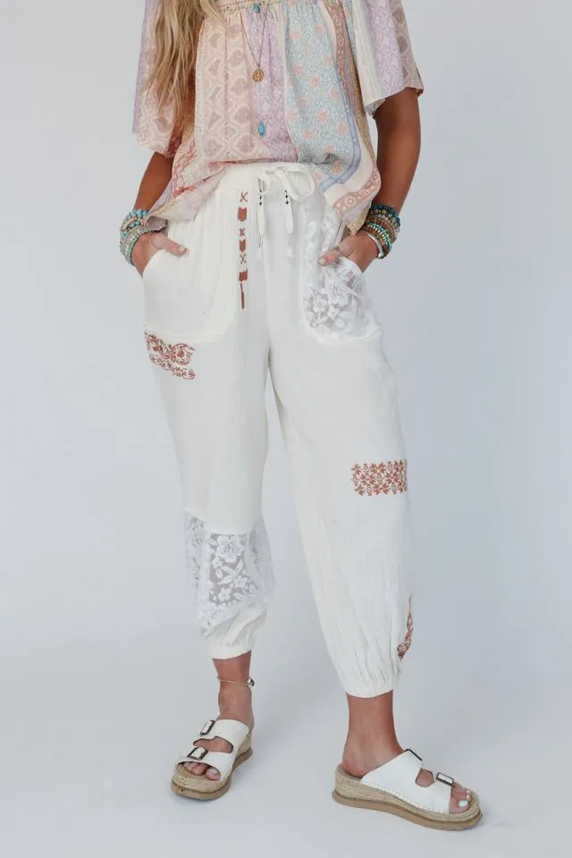 Globe Trotter Lace Embroidered Joggers - Natural