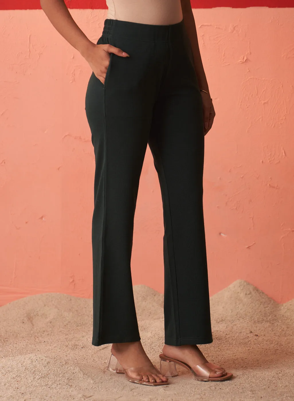 Green Regular Pants with Elastic Waist Band