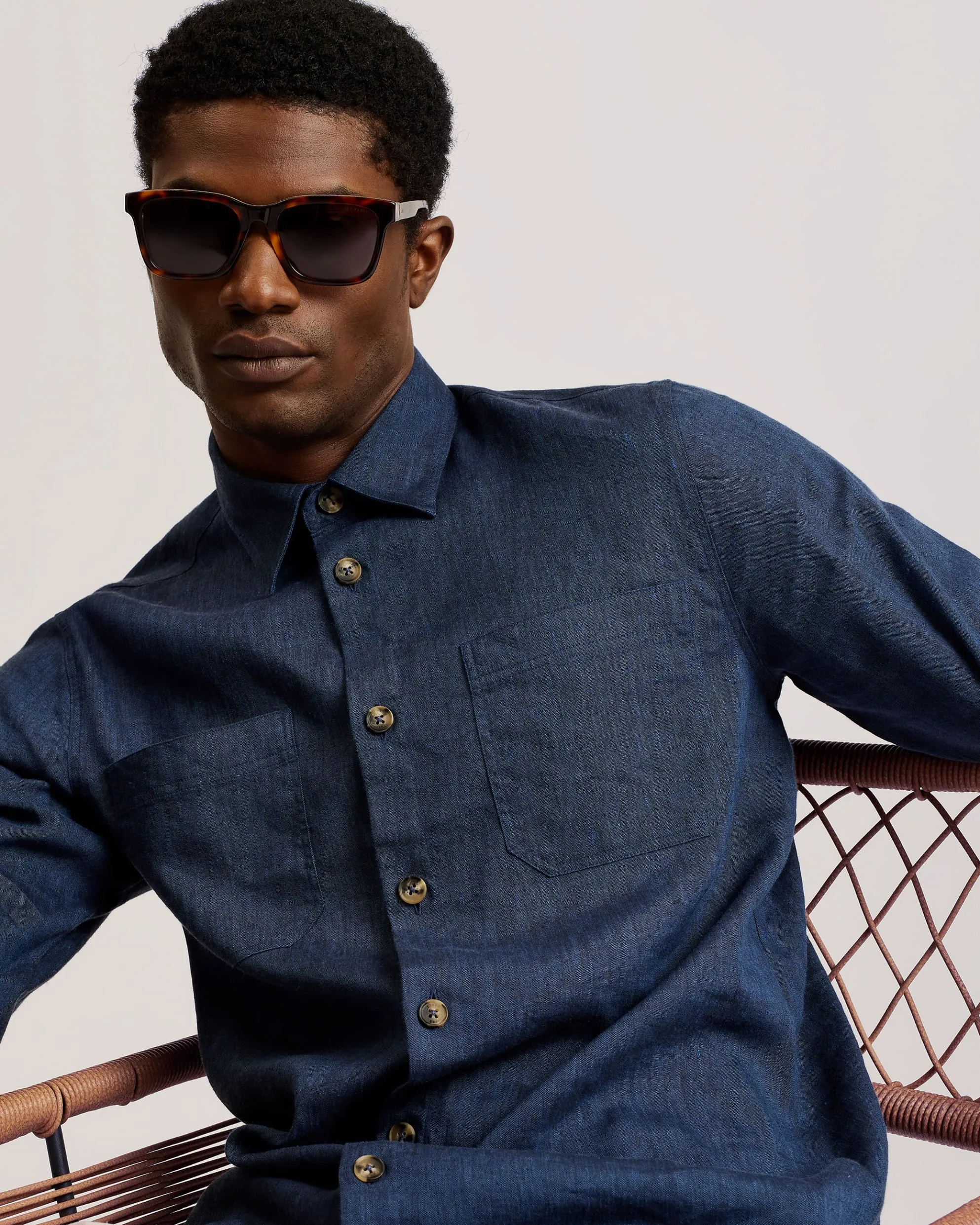 Iio Relaxed Fit Linen Blend Shirt Dk-Blue