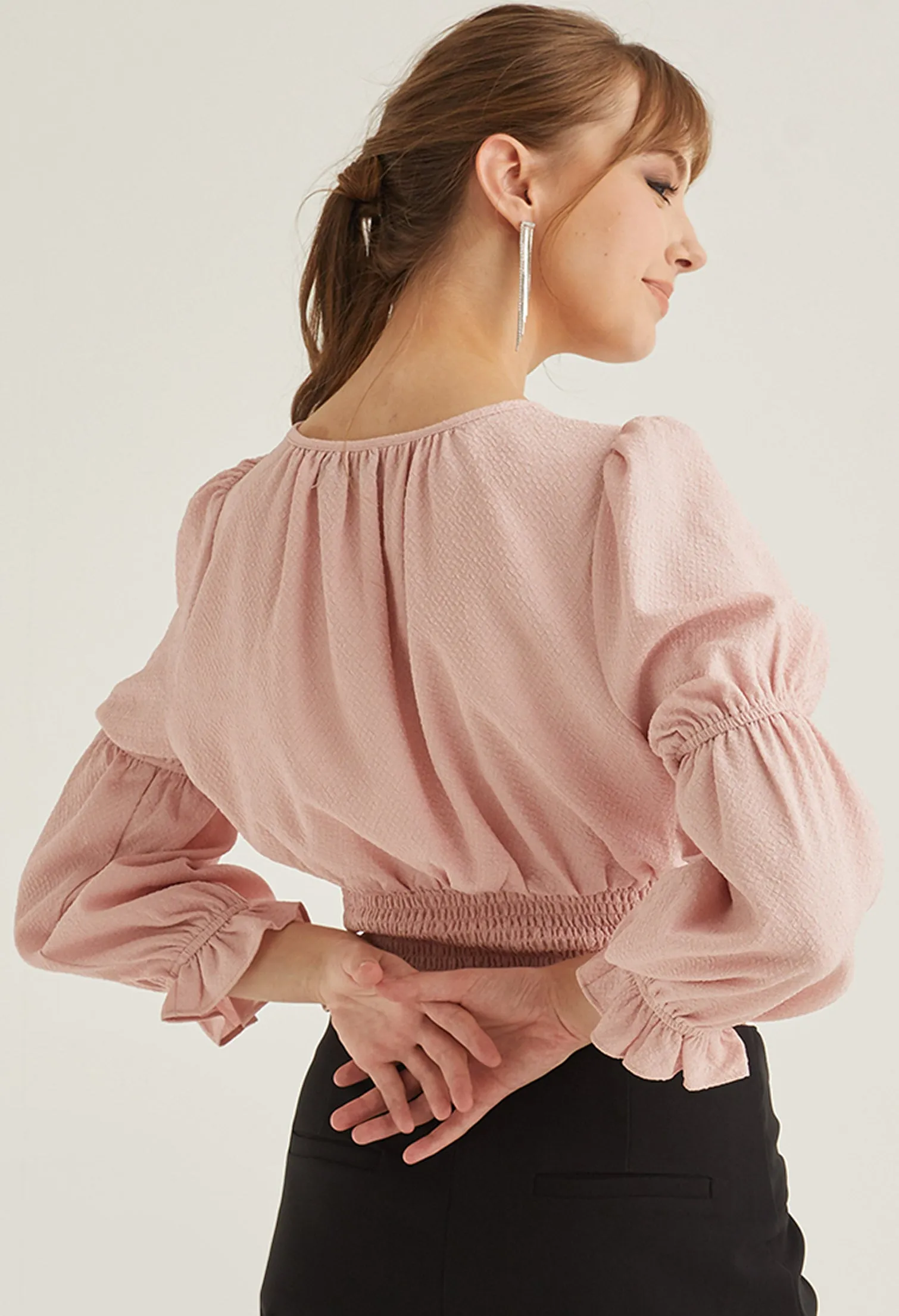 Key Hole Double Puff Sleeve Blouse