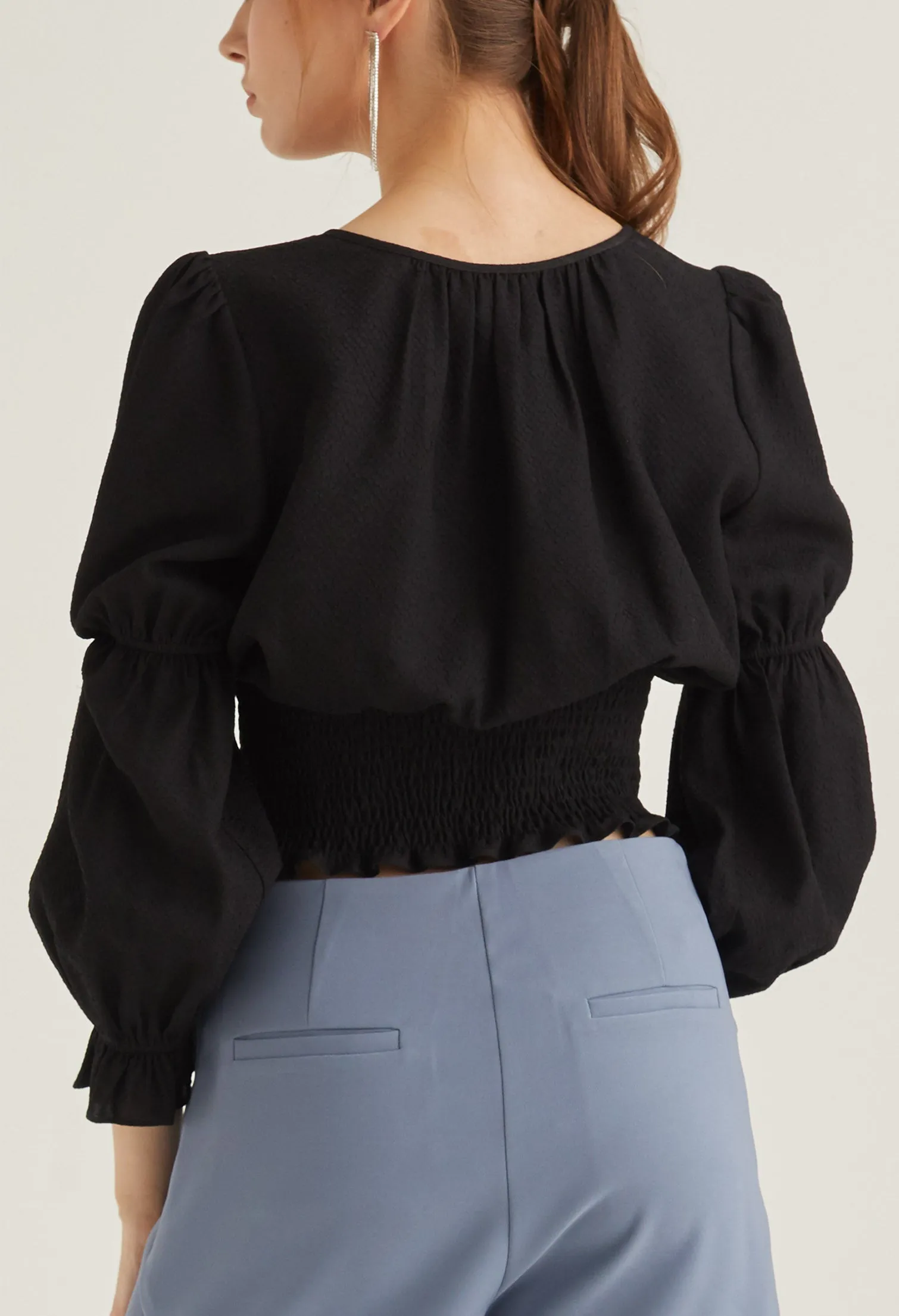 Key Hole Double Puff Sleeve Blouse