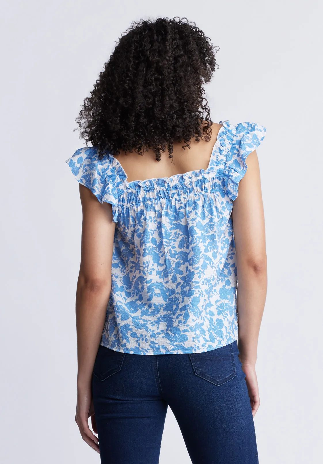 Mabilia Women's Flutter Sleeve Top, Blue Flowers - WT0108S