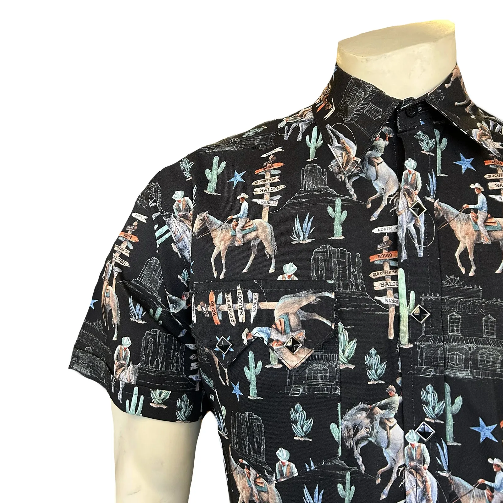 Men’s Black Cactus & Cowboys Print Short Sleeve Western Shirt