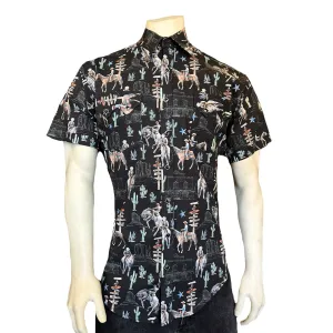 Men’s Black Cactus & Cowboys Print Short Sleeve Western Shirt