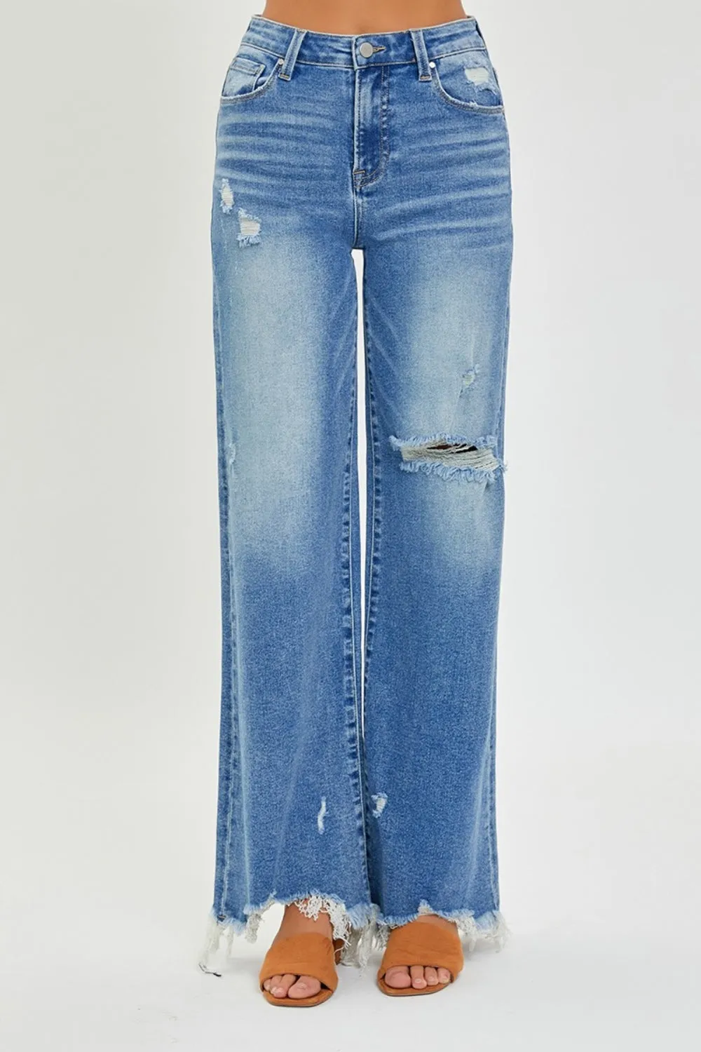 Risen Full Size High Rise Frayed Hem Wide Leg Jeans