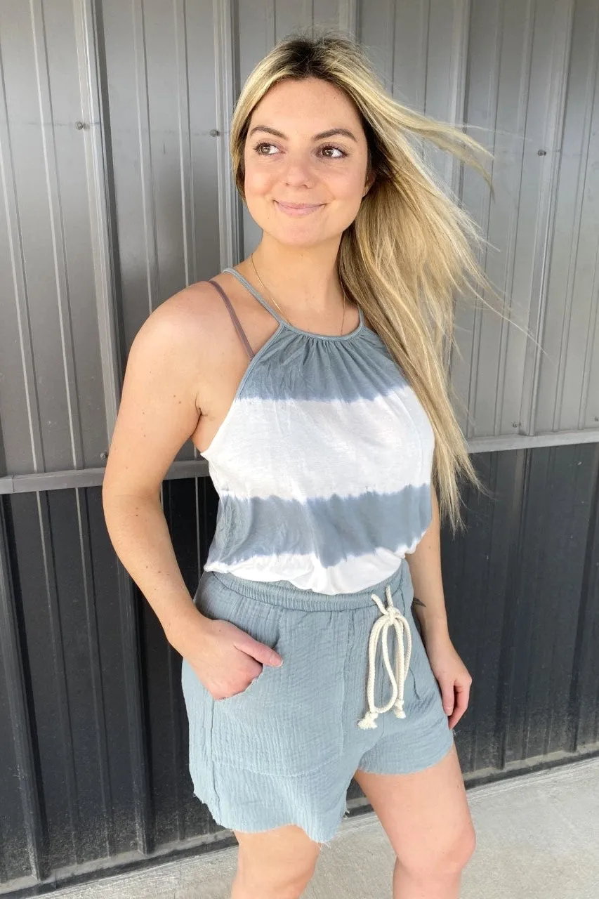 Sage & White Striped Tank w/ Crochet Detail