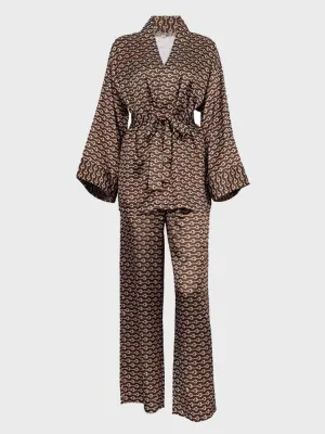 Satin Printed Lace-Up Cardigan & Pants Suit 2 Piece Set